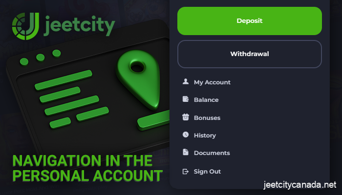 Jeetcity Casino account navigation - user menu